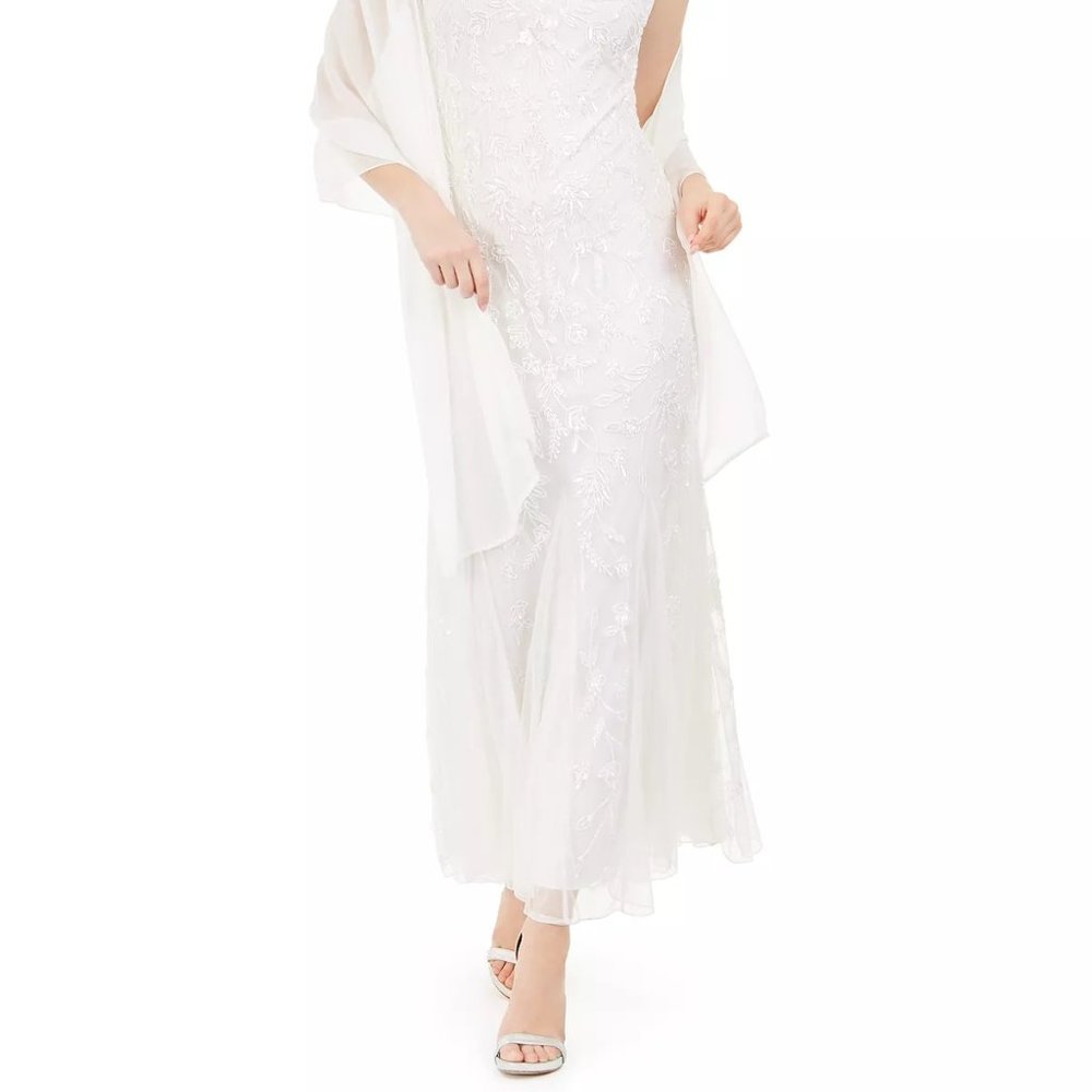 J KARA Beaded Gown & Scarf White Ivory Size 16 - Picture 4 of 4